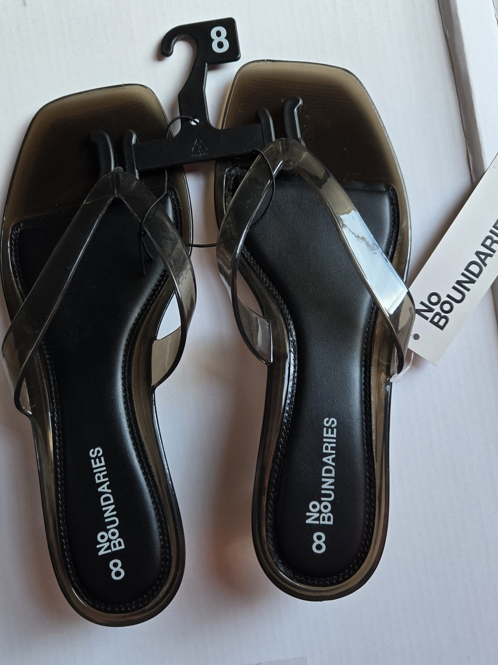 No Boundaries Women's Black Clear Strap Slide Sandals Cushioned Leather Footbed